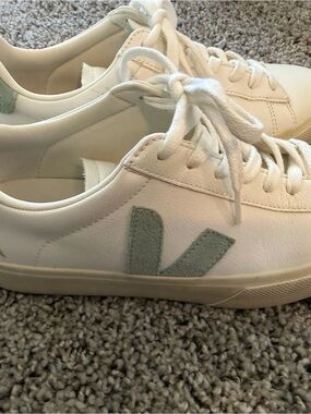 Veja Campo Leather Sneakers in White with Mint V Accent